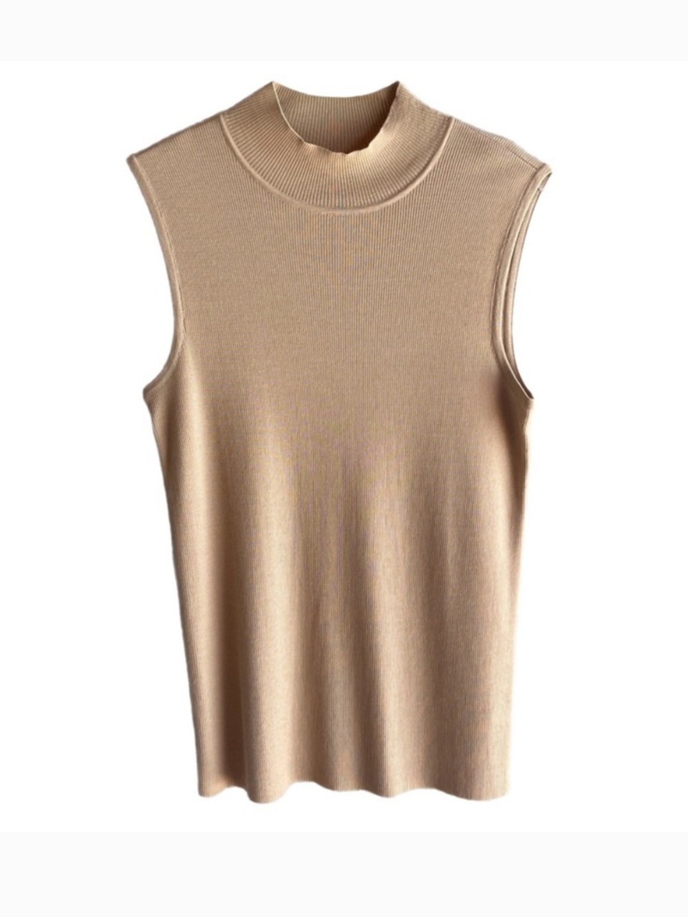 ST. JOHN WOOL BEIGE MOCKNECK SLEEVELESS SHELL SWEATER TOP SZ L - Picture 2 of 9